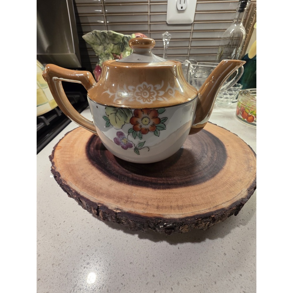 Vintage Japan Brown Floral Handpainted Lusterware Tea Pot With Lid - Picture 15 of 16
